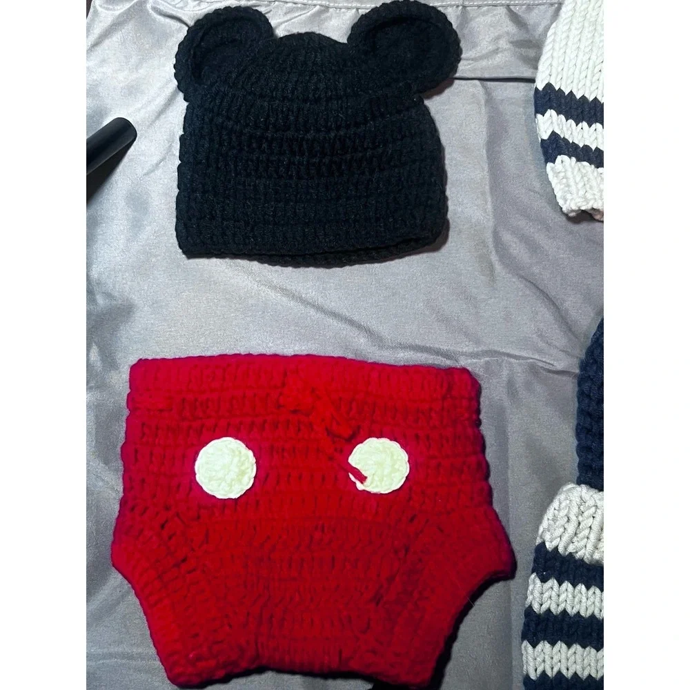 2 Knit Outfit Newborn Crochet Pants Hat Photo‎ Props Shoot Baby Boy Mickey Lot